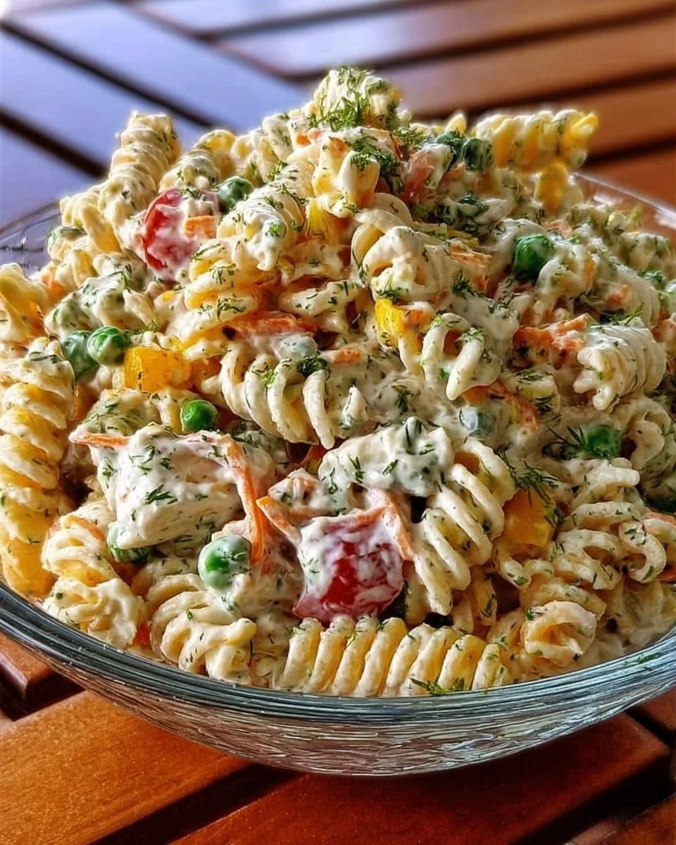 Leckere Pasta Salad mit Joghurtsoße auf einem Teller serviert