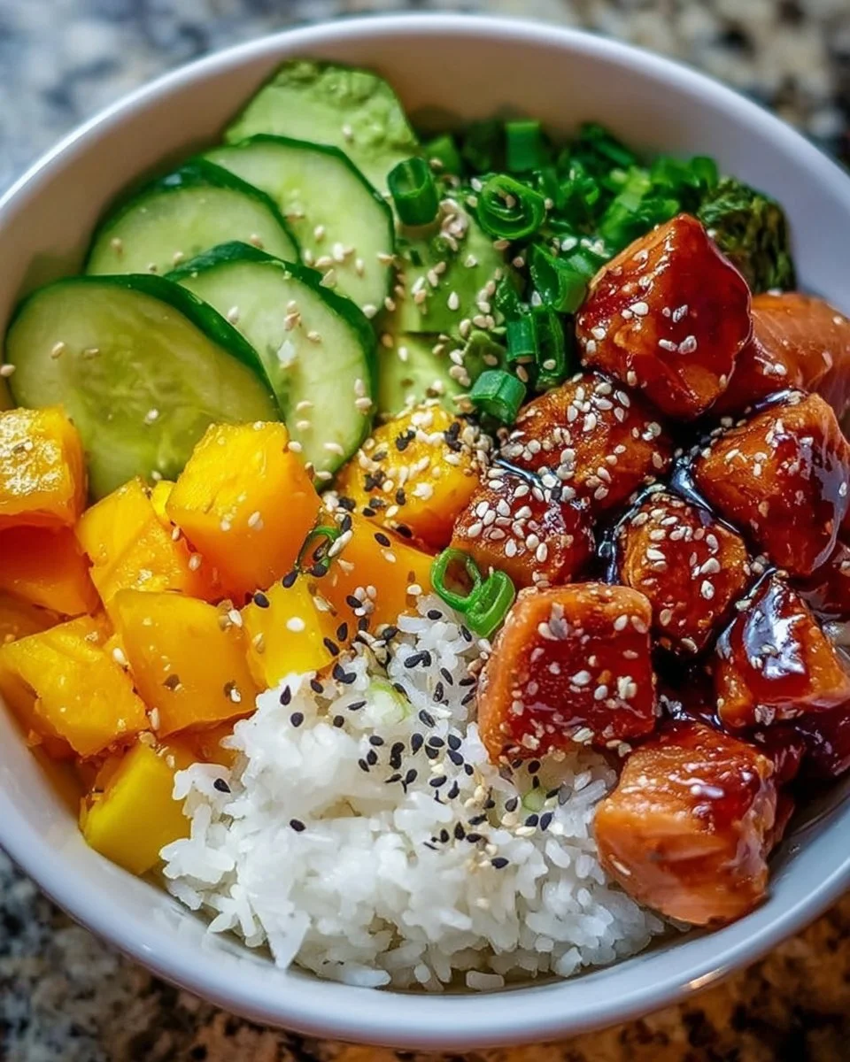 Frischer Poke Bowl mit Gemüse und Fisch selbstgemacht auf einem Tisch