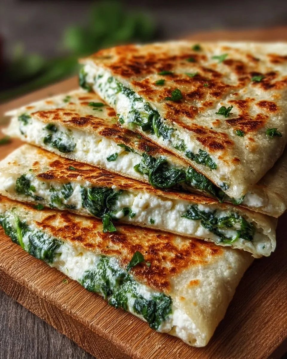 Quesadillas mit Spinat und Feta auf einem Teller serviert