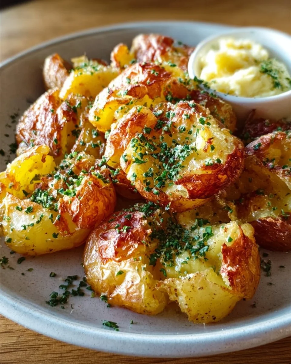 Leckere Quetschkartoffeln auf einem Teller mit frischen Kräutern garniert.
