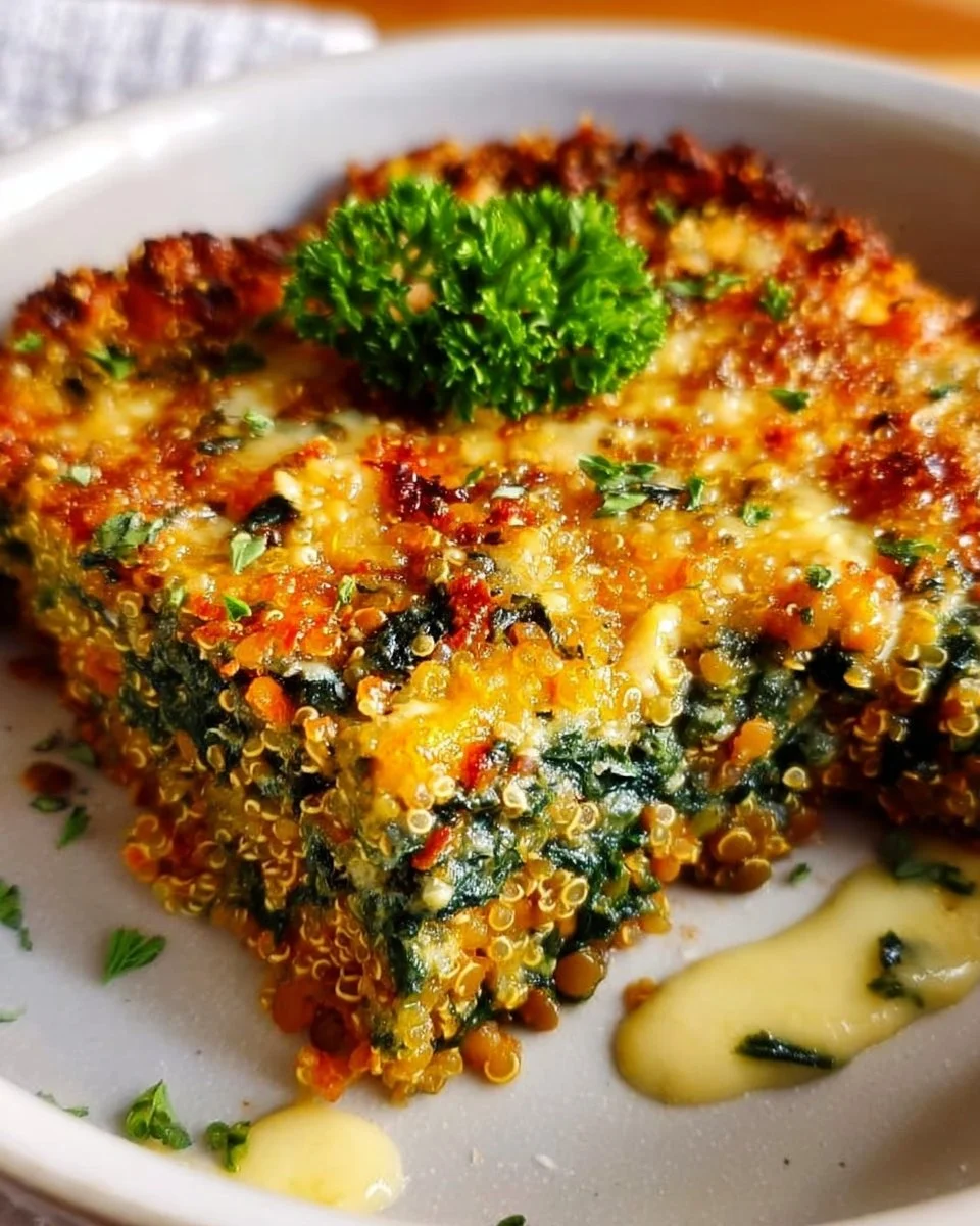 Quinoa Linsen Auflauf mit Spinat auf einem rustikalen Holzbrett serviert.