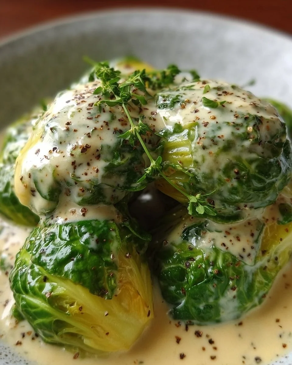 Rosenkohl in einer cremigen Frischkäse-Senfsauce serviert.