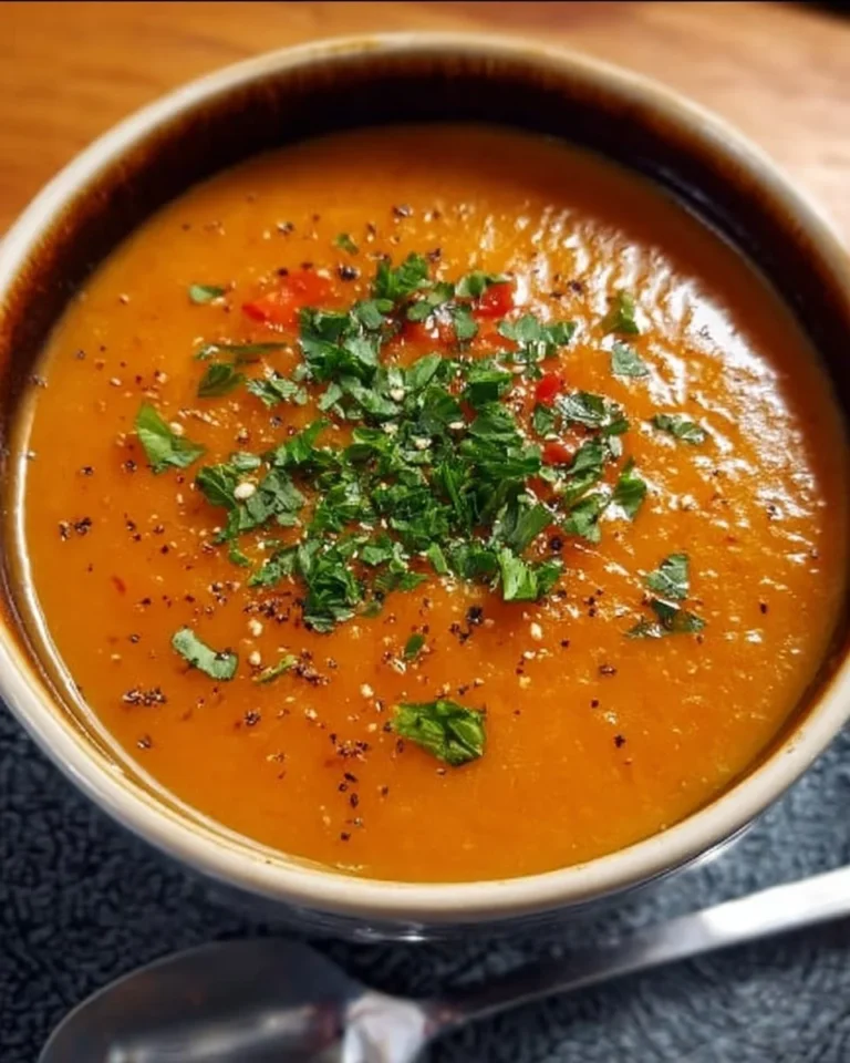 Rote Linsensuppe in einer Schüssel, garniert mit frischen Kräutern.