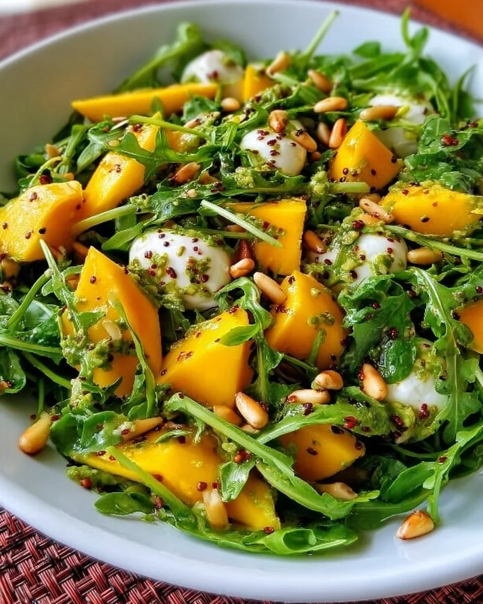 Rucola Mango Salat mit Pinienkernen auf einem Teller angerichtet