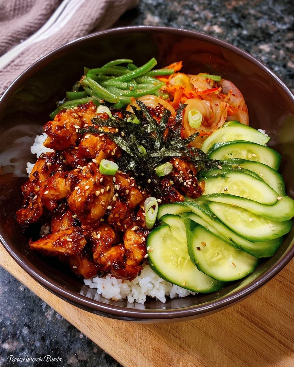 Scharfes koreanisches BBQ-Hähnchen auf Reis in einer bunten Schüssel