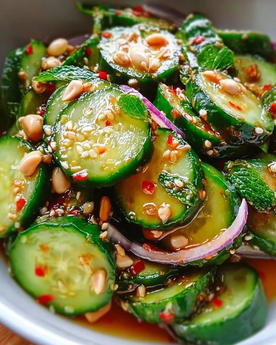 Scharfer asiatischer Gurkensalat mit frischen Zutaten und Gewürzen