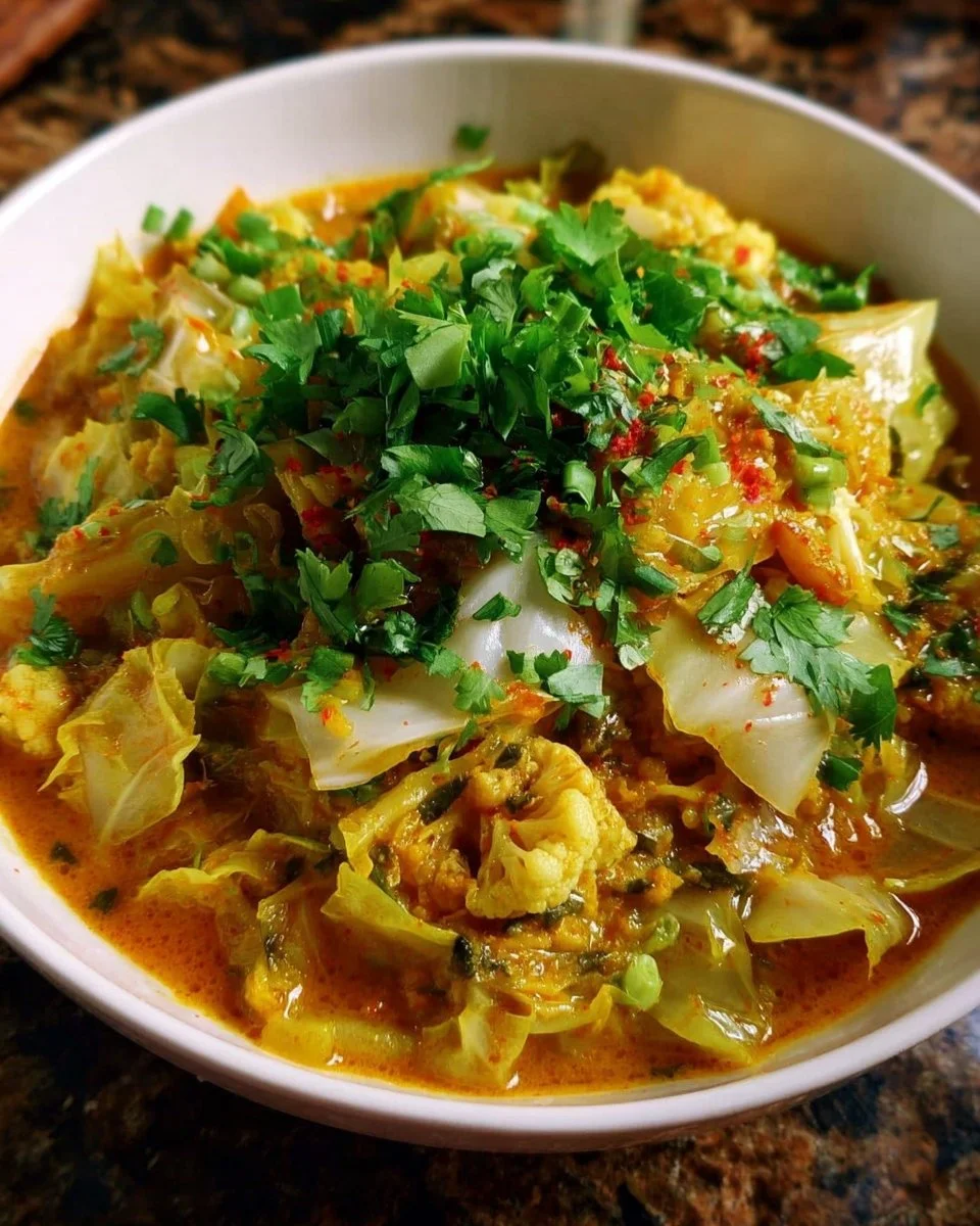 Scharfer Spitzkohl-Curry mit frischen Zutaten und Gewürzen