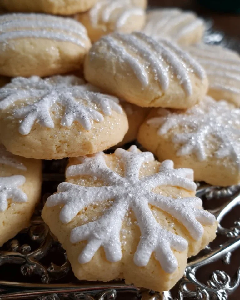 Leckere Schneeflöckchen Plätzchen auf einem festlich dekorierten Tisch.