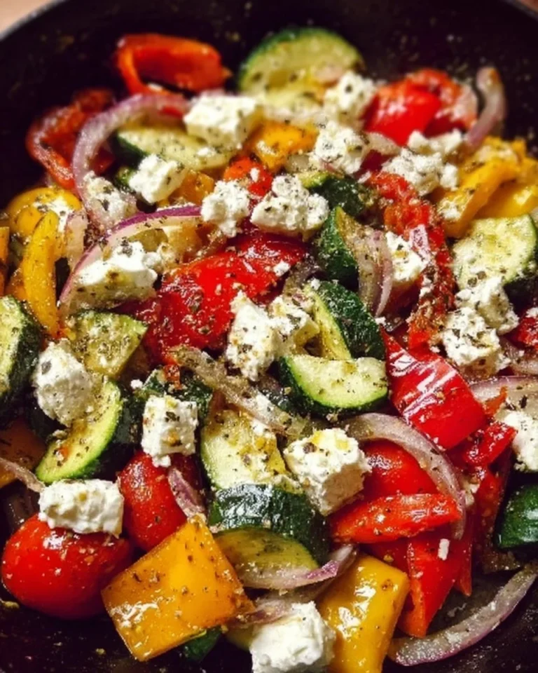 Schnelle Gemüsepfanne mit Feta und buntem Gemüse auf einem Teller