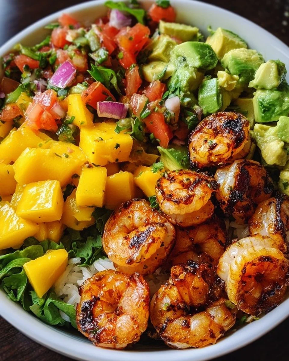Gesunde Garnelen-Bowl mit frischer Mango-Avocado-Salsa
