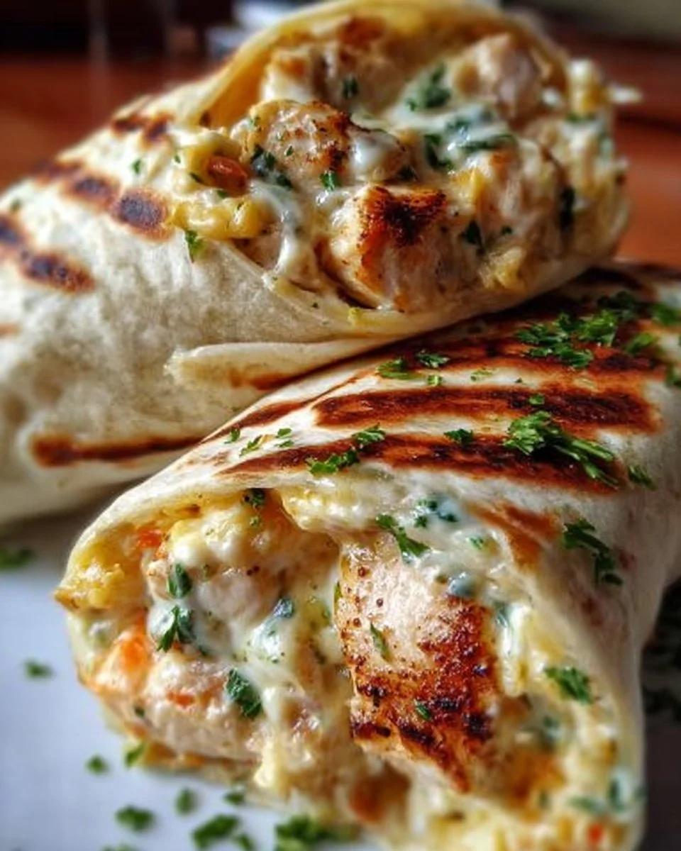 Schnelle Käse-Knoblauch-Hähnchen-Wraps auf einem Teller serviert