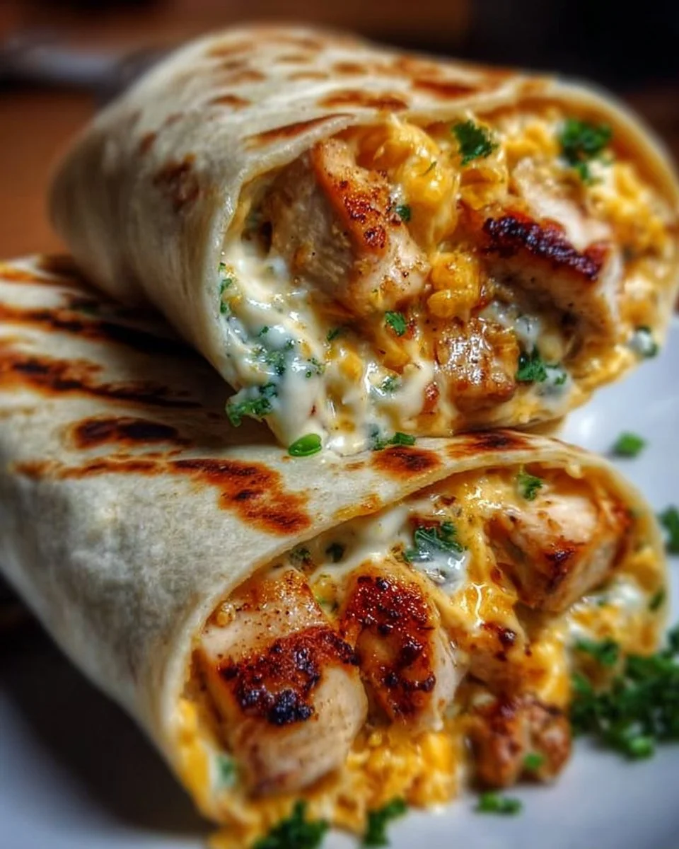 Schnelle Käse-Knoblauch-Hähnchen-Wraps auf einem Teller serviert