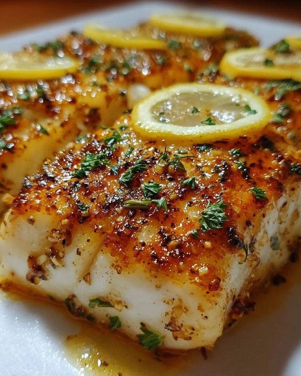 Zitronen-Knoblauch Kabeljau auf einem Teller serviert