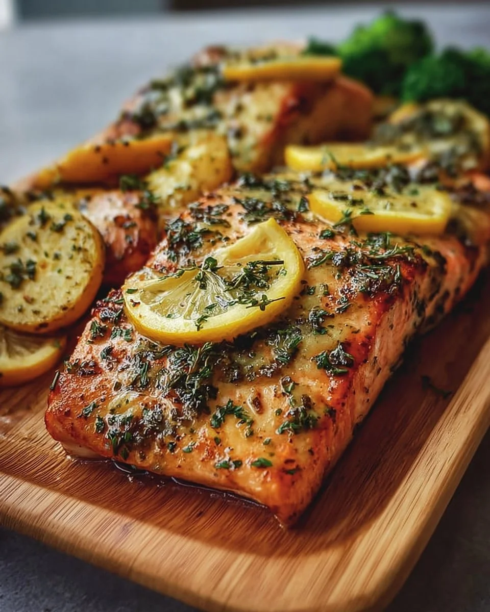 Zitronenlachs vom Blech serviert mit frischen Zitronenscheiben und Kräutern.