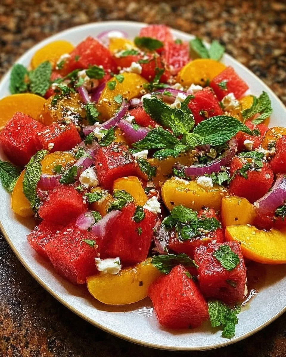 Sommerlicher Pfirsich-Wassermelonen-Salat in einer bunten Schale