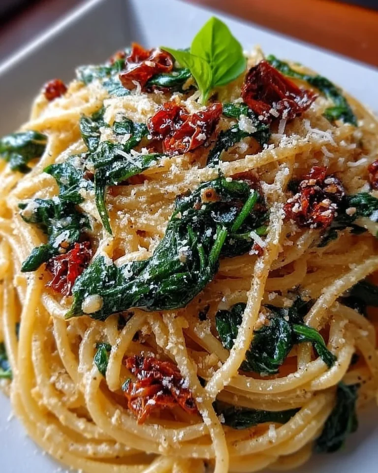Spinats Pasta mit getrockneten Tomaten auf einem Teller serviert