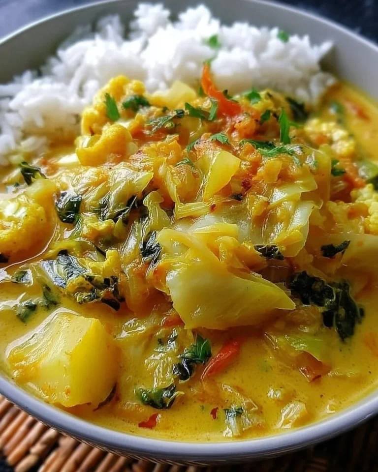 Spitzkohl Curry mit Kokosmilch in einer bunten Schüssel serviert