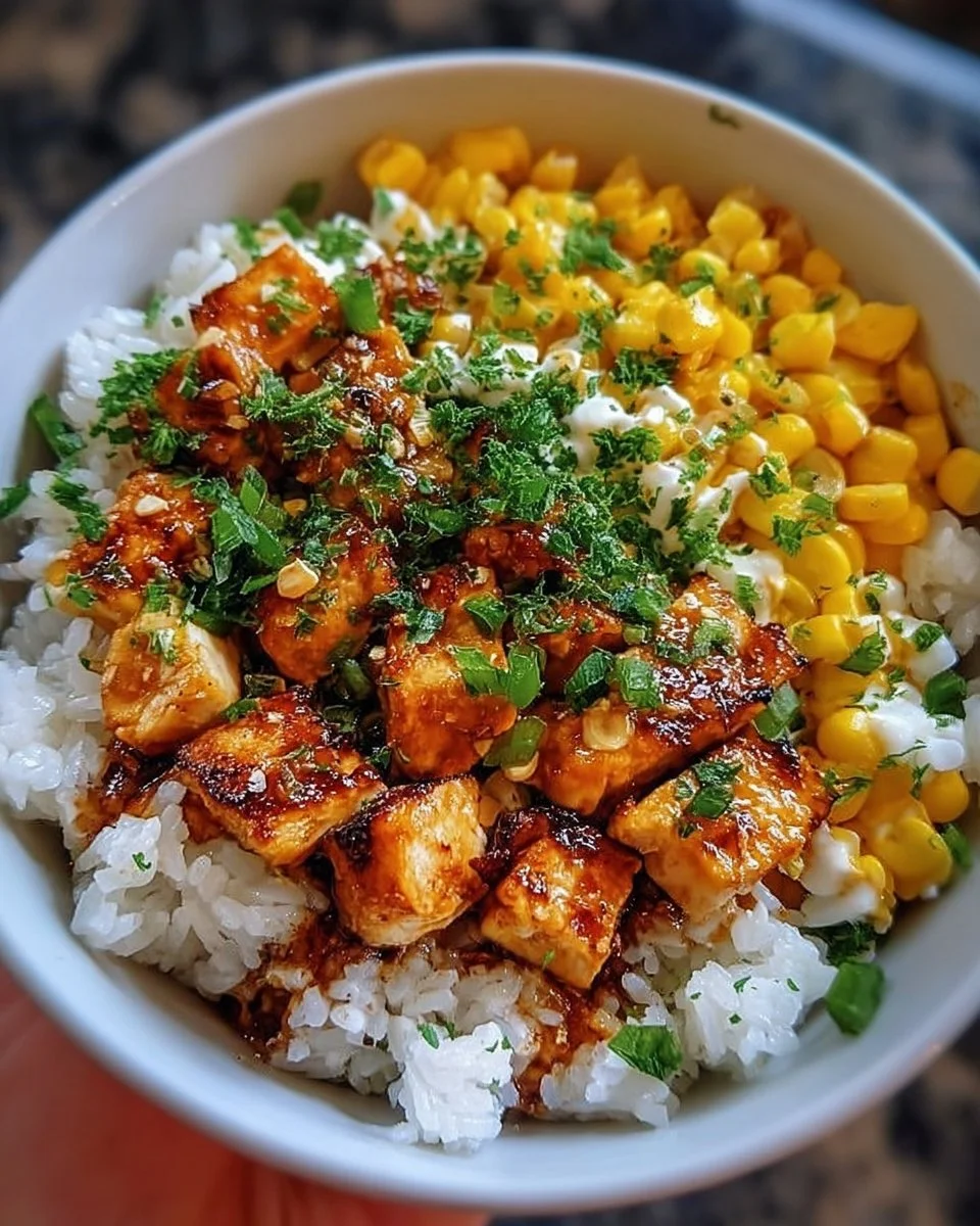 Street Corn Hühnchen Reis Schüssel mit frischem Gemüse und aromatischen Gewürzen