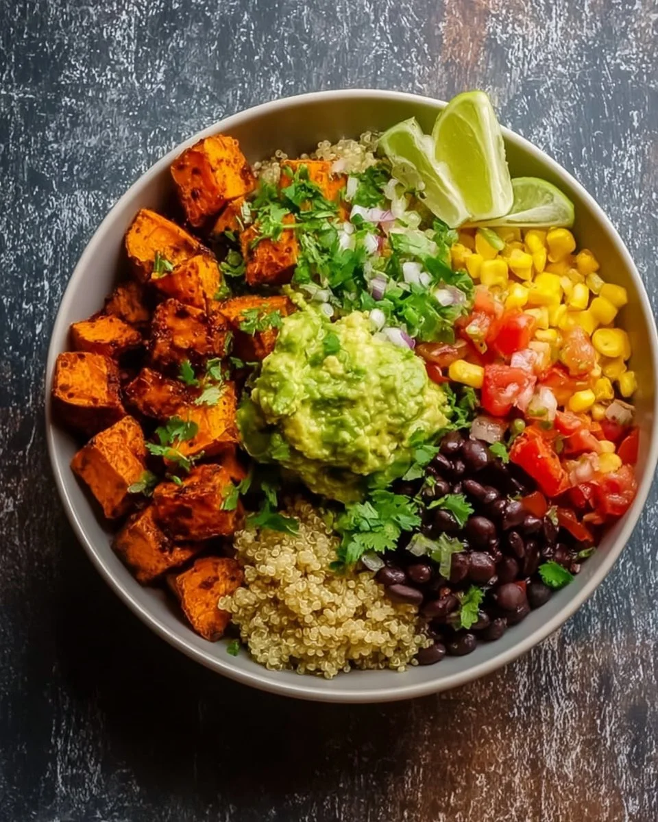 Leckere Süßkartoffel Burrito Schüssel mit frischen Zutaten und würzigen Aromen