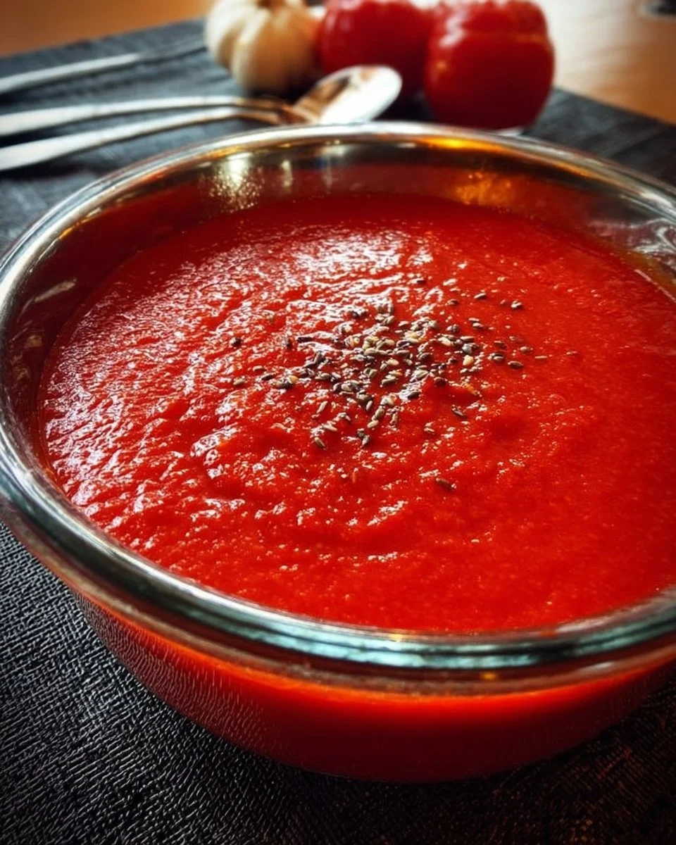 Hausgemachte Tomatensauce in einer Schüssel mit frischen Kräutern