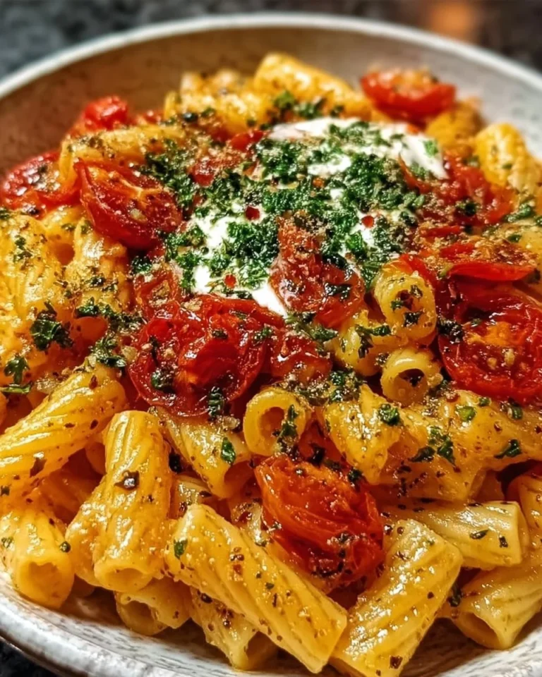 Schale mit Tomaten-Knoblauch-Pasta, serviert mit frischen Kräutern.