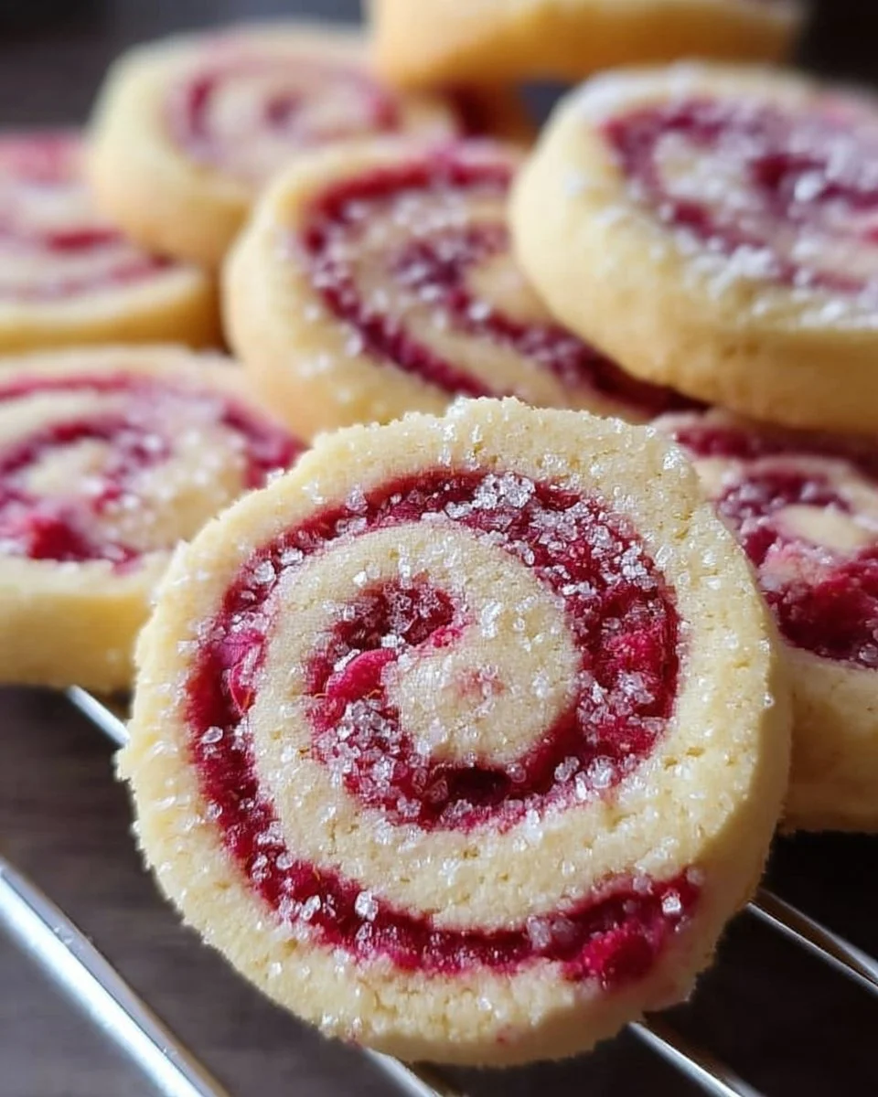 Leckere Himbeer-Wirbel Kekse auf einem weißen Teller