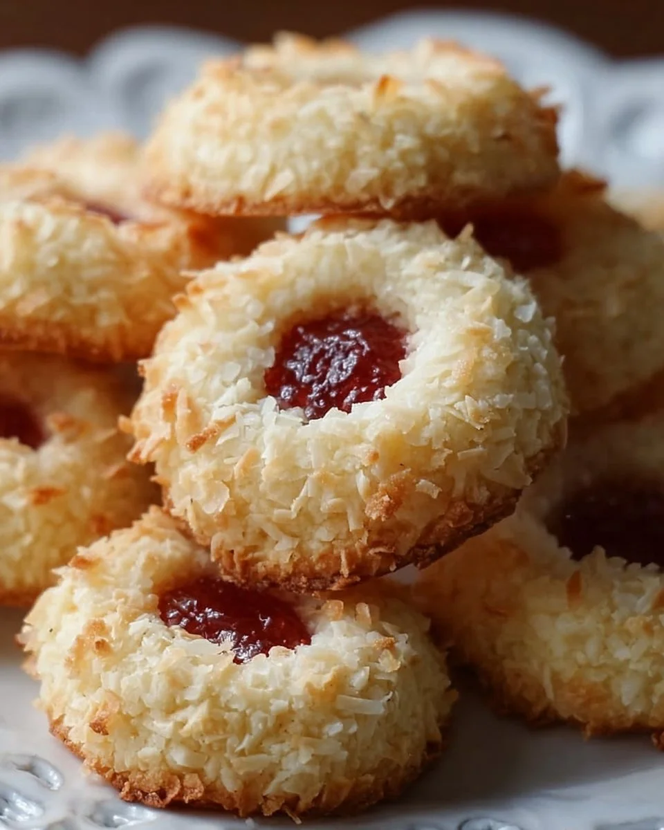 Leckere Vanille-Kokos-Gelee-Daumenabdruckkekse auf einem Teller