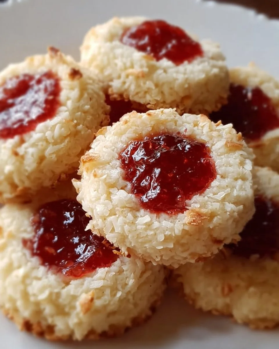 Vanille-Kokos-Konfitüre Daumenabdruckkekse auf einem Teller