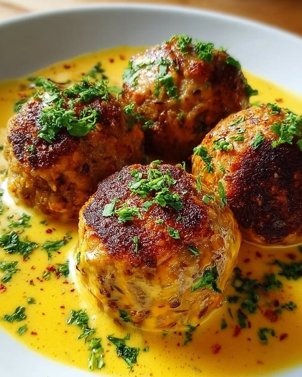 Vegane Linsenknödel serviert in aromatischer Curry-Sauce