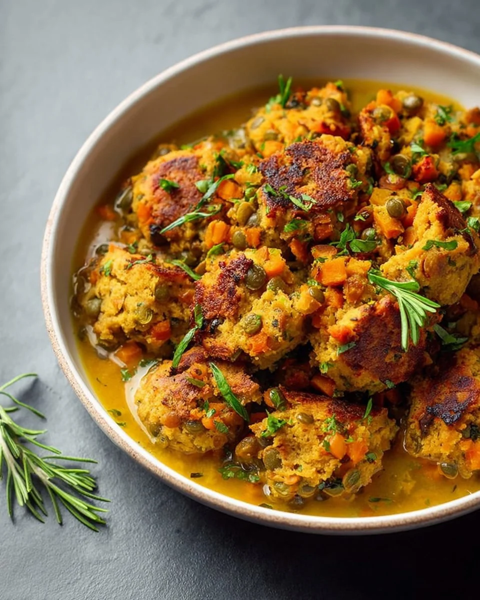 Vegane Linsenohrnfüllung in einer Schüssel, serviert mit frischen Kräutern