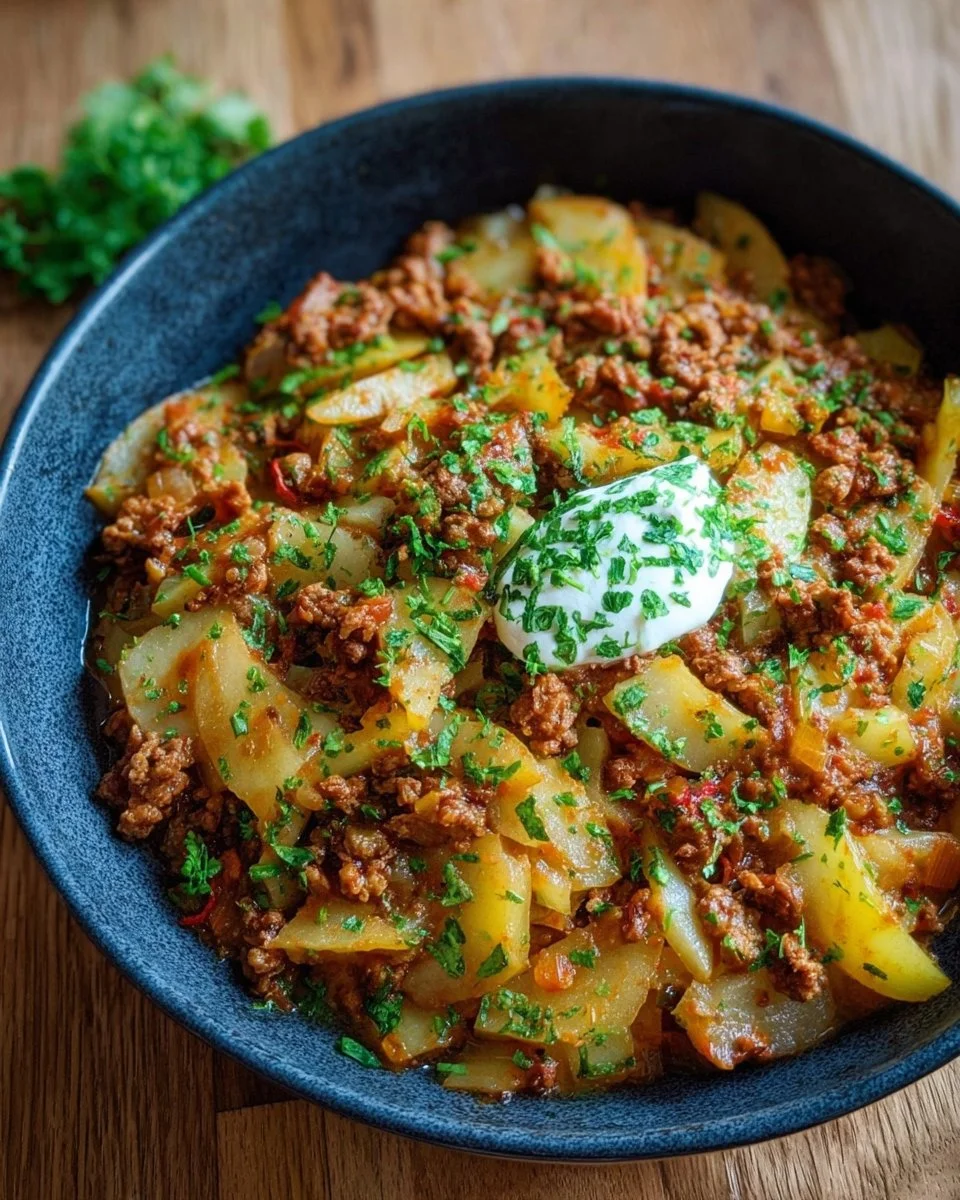Würzige Kohlrabi Hackpfanne mit frischen Zutaten in einer Pfanne