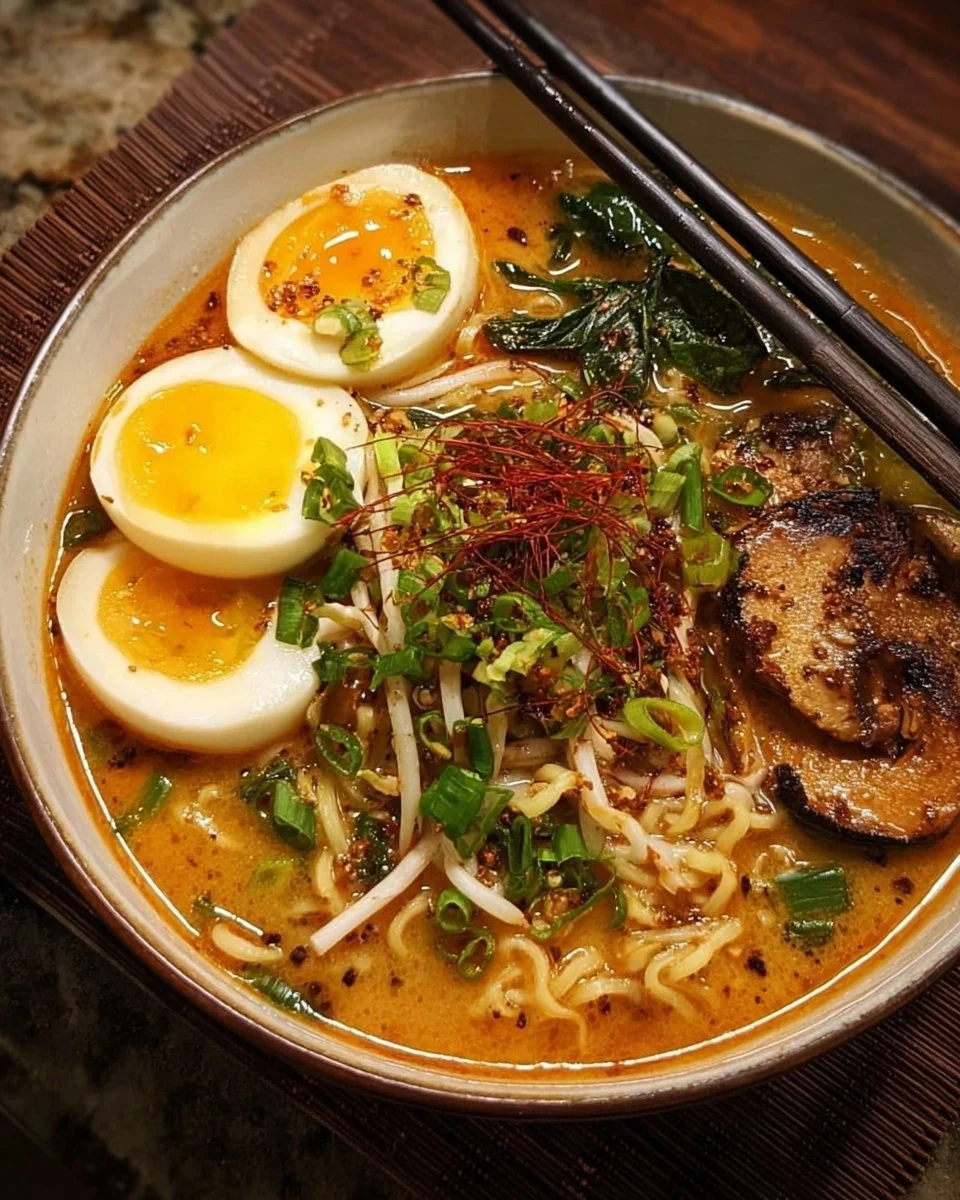 Schale würzige Miso-Ramen mit frischen Zutaten und appetitlicher Präsentation.