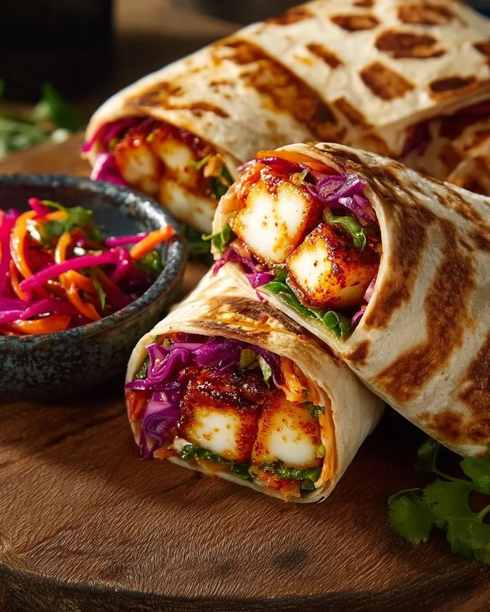 Würzige Sweet Chili Halloumi Wraps auf einem Teller serviert