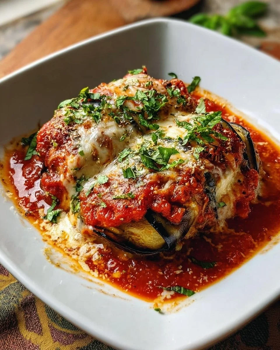 Zarte Auberginen-Rollatini schön angerichtet auf einem Teller