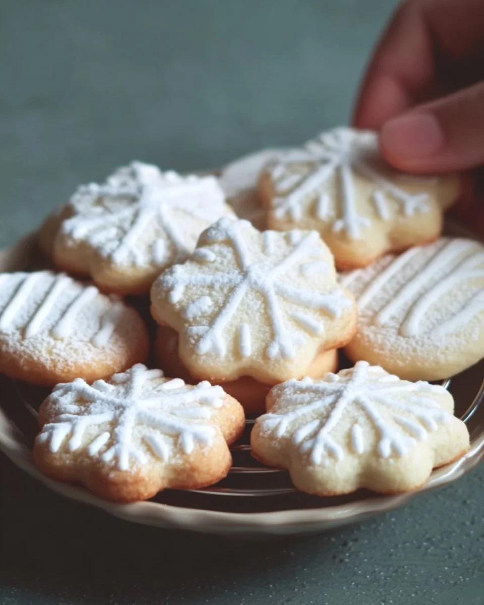 Zarte Schneeflöckchen Plätzchen auf einem festlich gedeckten Tisch