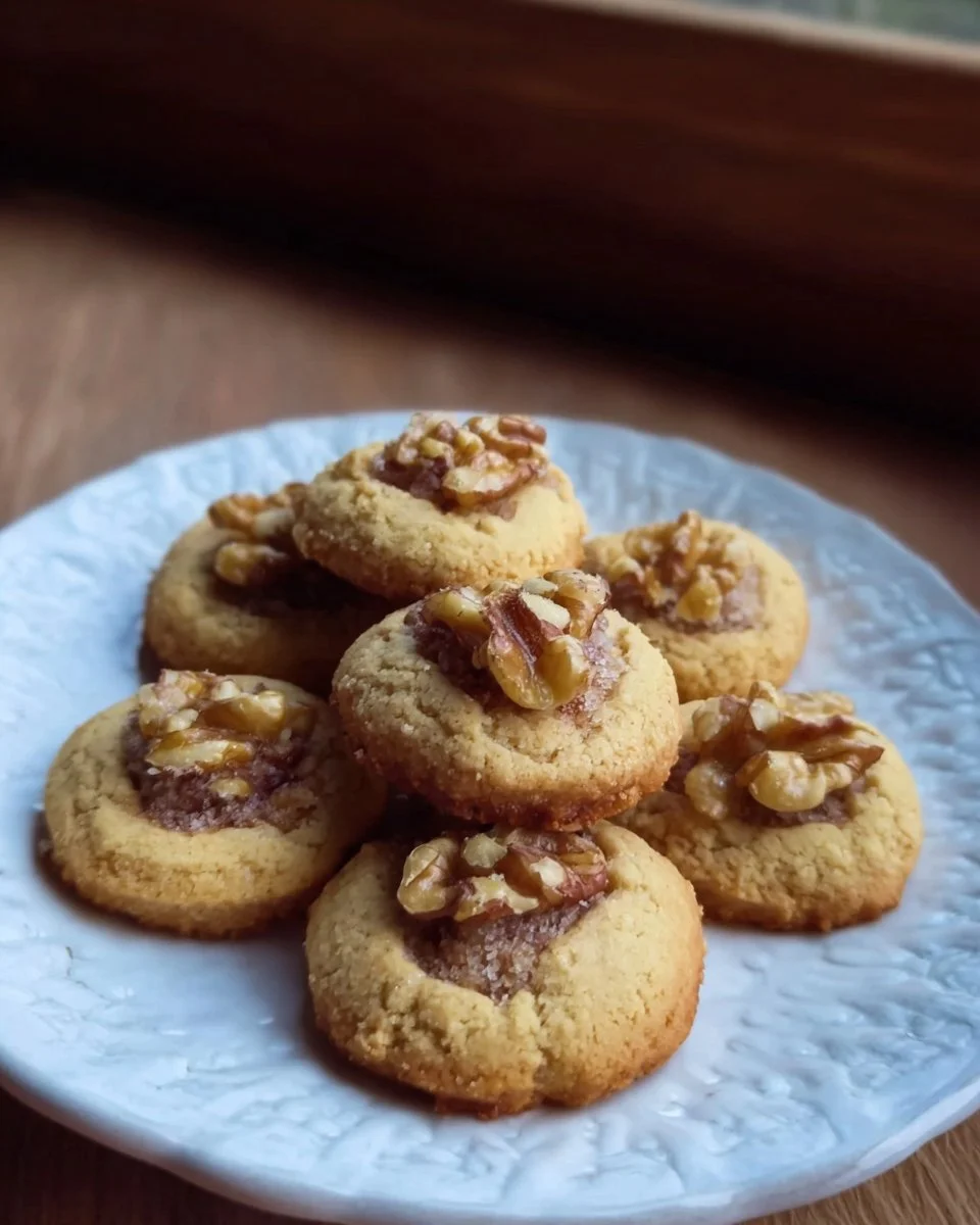 Zarte Walnusstaler Plätzchen auf einem hübschen Teller angerichtet