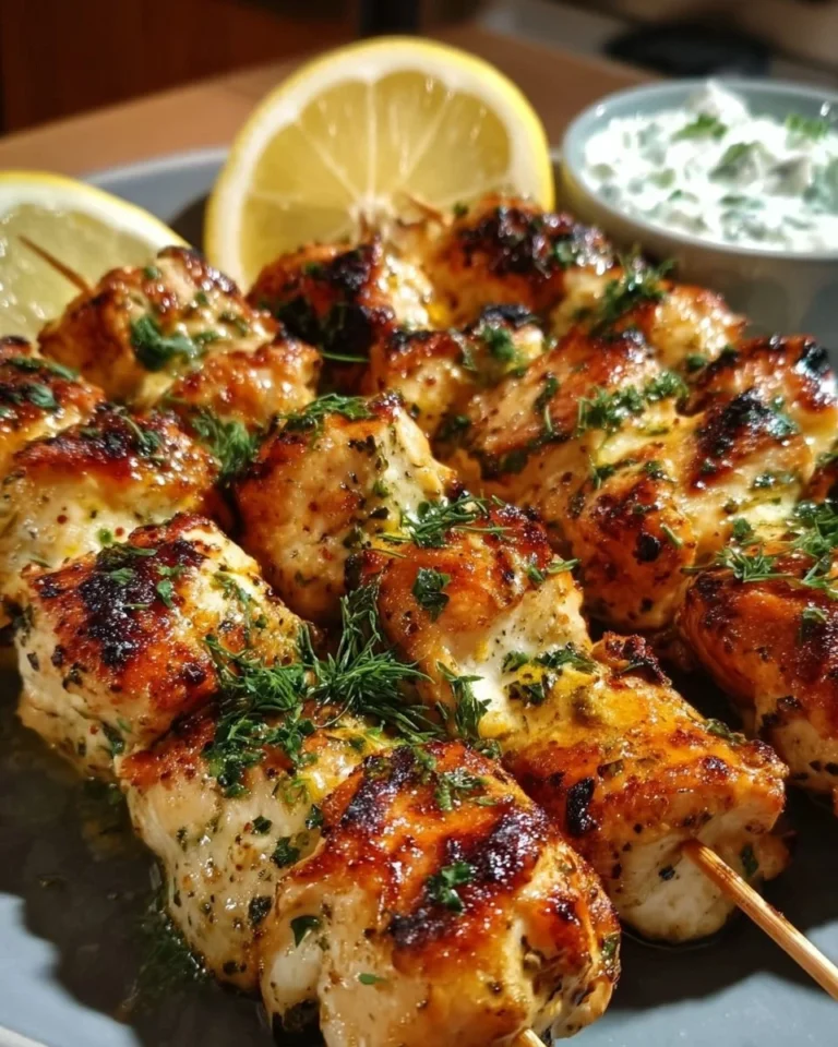 Leckere Zitronen-Hähnchenspieße auf dem Grill präsentiert
