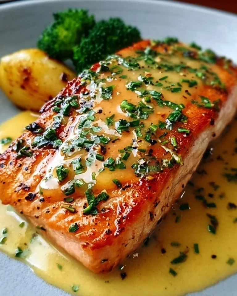 Zitronenbutterlachs auf einem Teller mit frischen Kräutern garniert