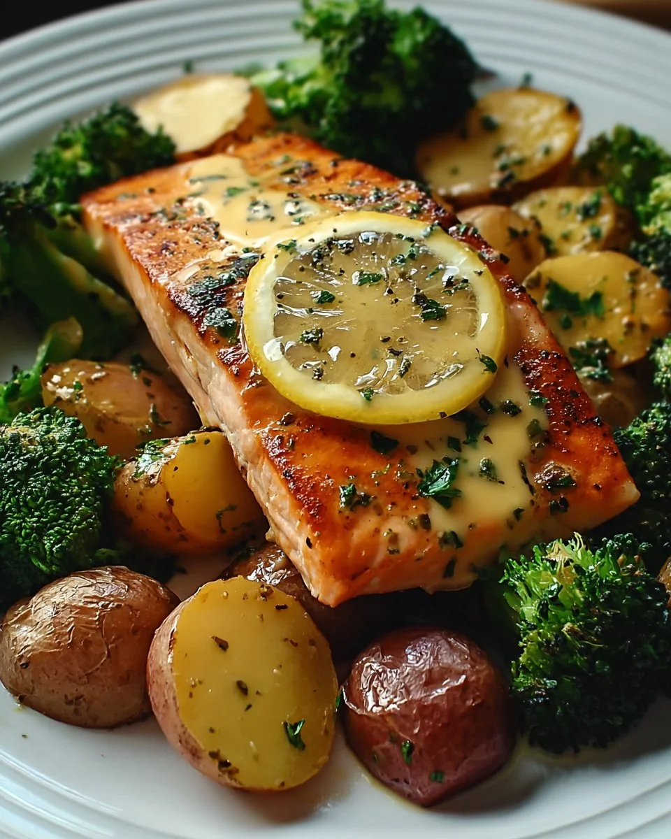 Zitronenbutterlachs mit Beilage aus Kartoffeln und Brokkoli auf einem Teller