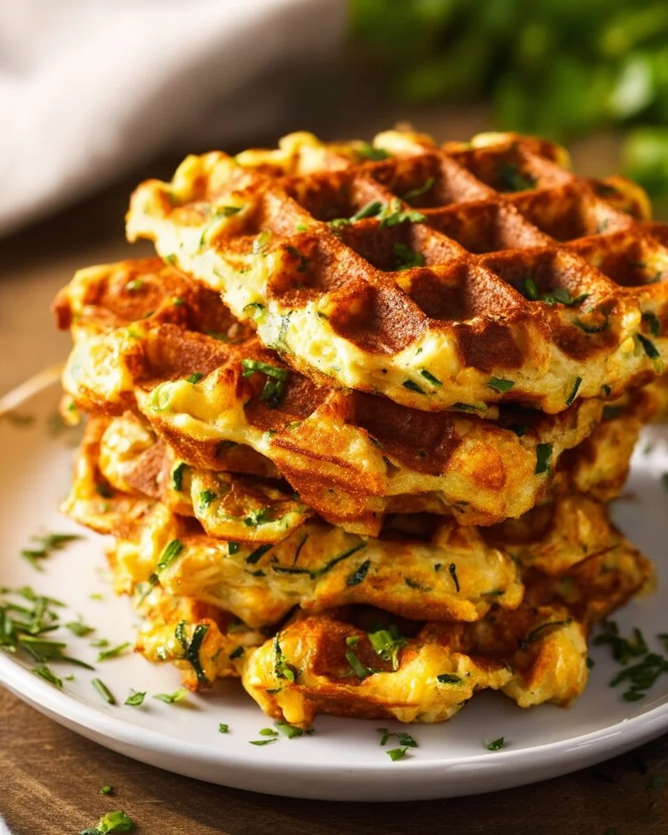 Zucchini-Gemüse-Waffeln auf einem Teller, serviert mit frischen Kräutern
