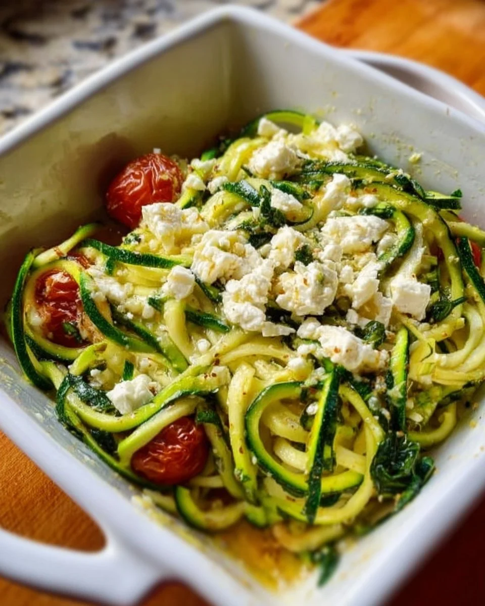 Zucchini-Nudeln mit Feta in einer Schüssel serviert