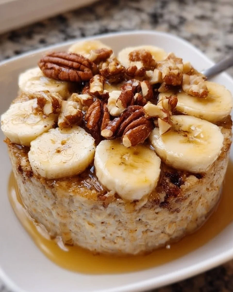 Zuckerfreier Bananen-Nuss-Haferbrei in einer Schüssel mit frischen Banenen und Nüssen.