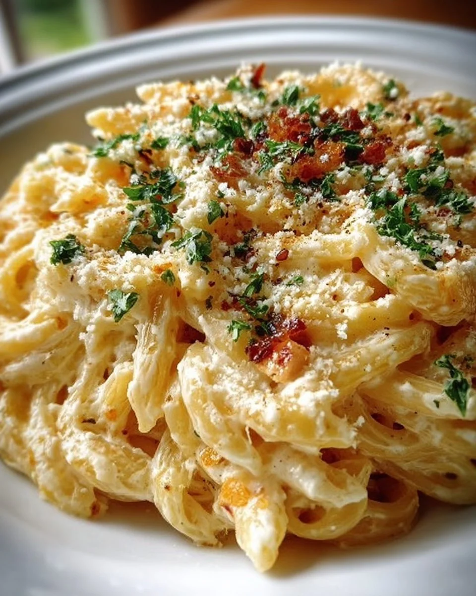 Zwiebel-Sahne-Nudeln mit frischen Zutaten in einer Schüssel