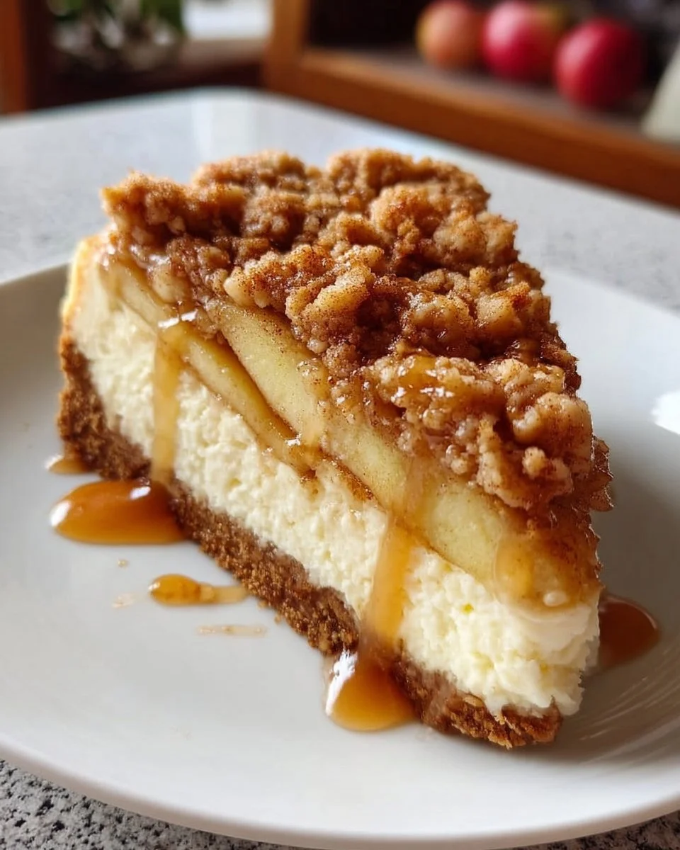 Scheibe Apfel-Streusel-Cheesecake auf einem Teller mit frischen Äpfeln