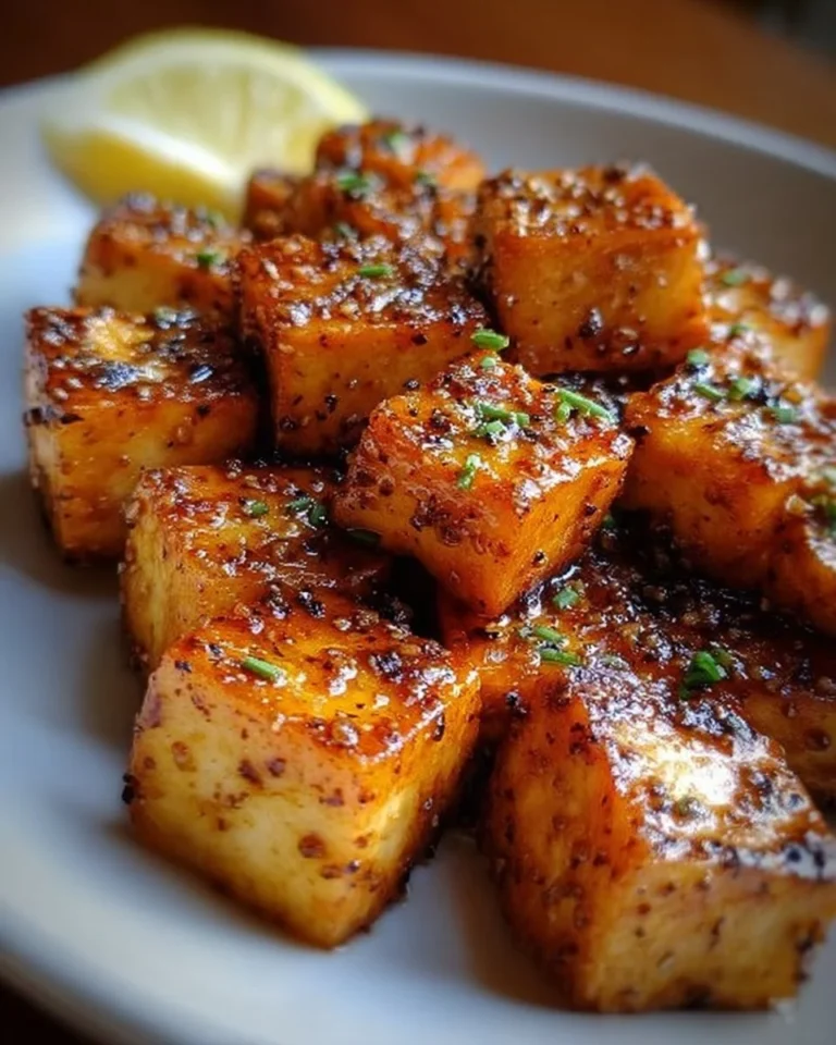 Gebackener Zitronenpfeffer-Tofu auf einem Teller mit Kräutern
