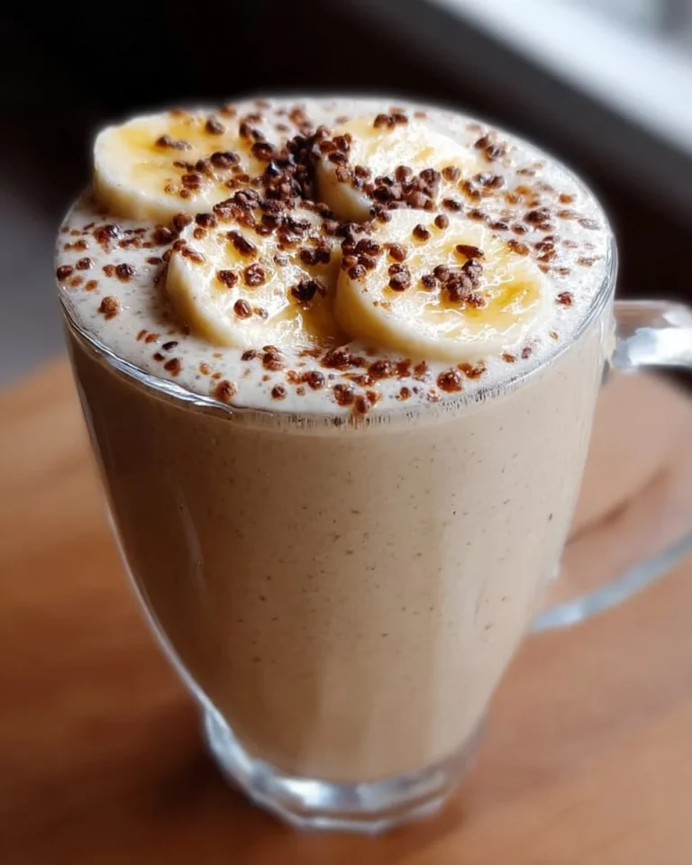 Bananen-Protein-Kaffee-Smoothie in einem Glas mit frischen Bananen und Kaffeebohnen