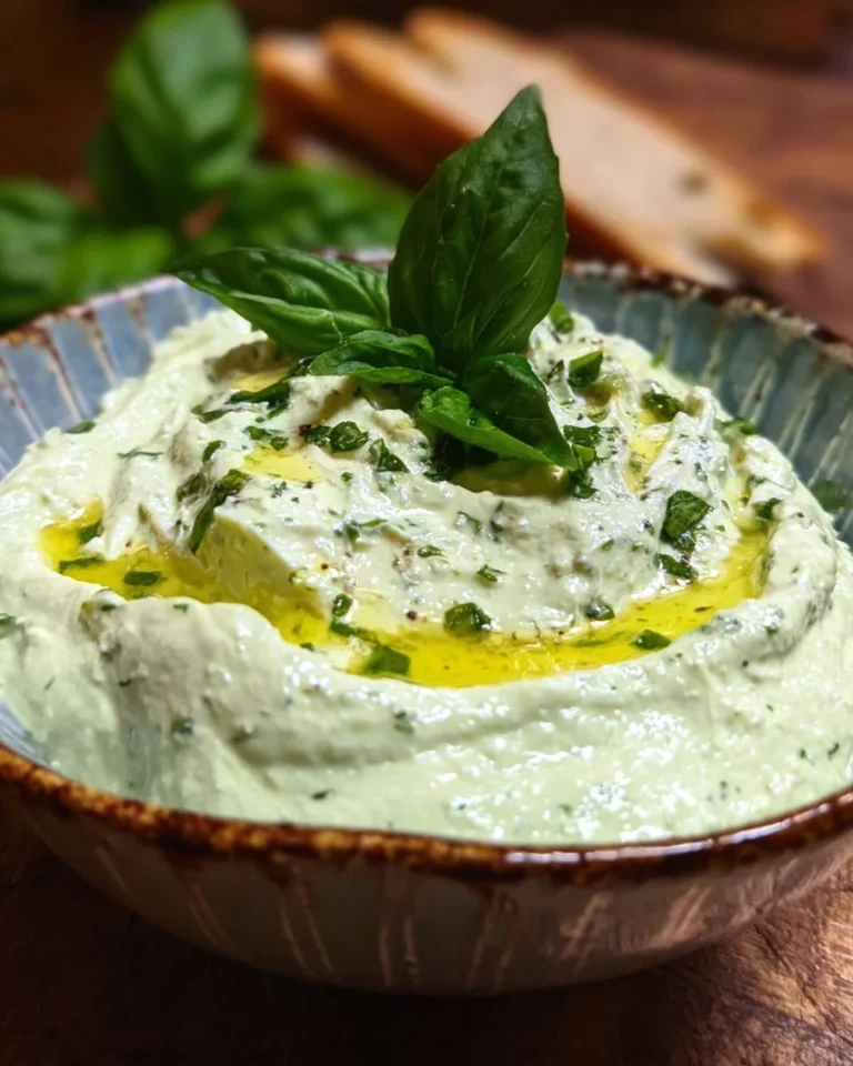 Cremiger Basilikum-Dip in einer Schale mit frischem Basilikum.