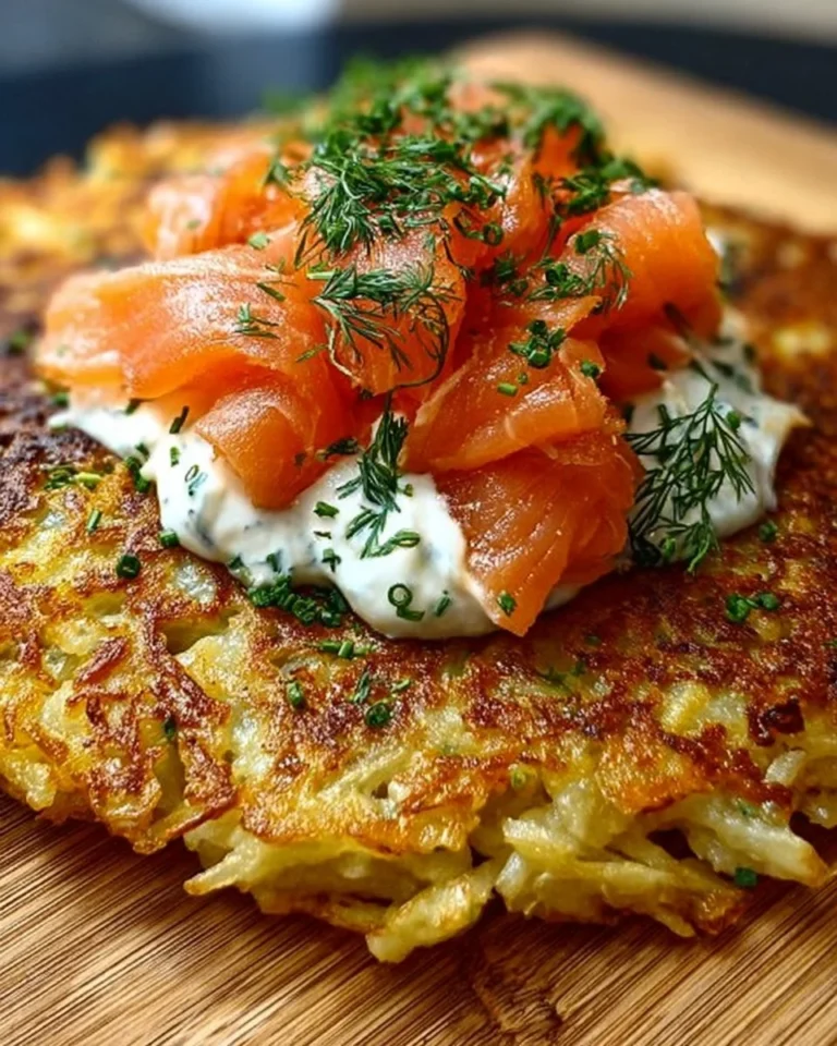 Big Rösti mit Frischkäse und Lachs auf einem Teller angerichtet