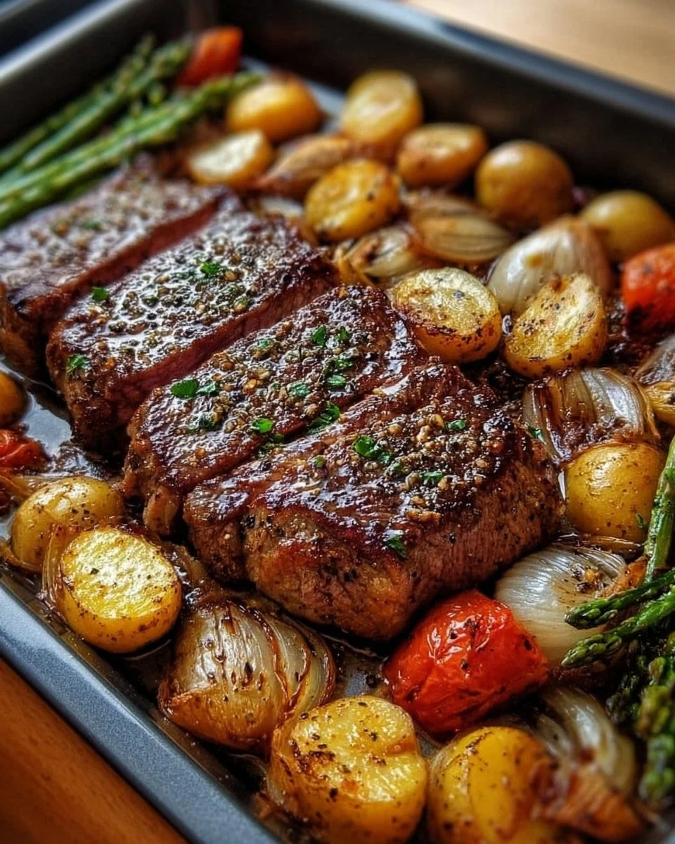 Blechsteak mit buntem Gemüse auf einem Backblech gebacken