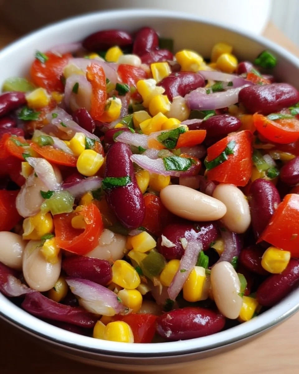 Bunter Bohnensalat mit frischen Zutaten auf einem Teller